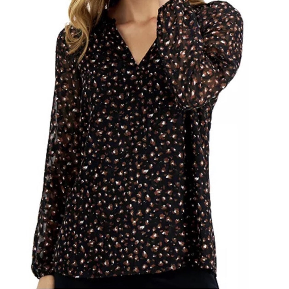 Kasper Women’s Black and‎ Brown Floral Patterned V Neck Blouse - Picture 2 of 6